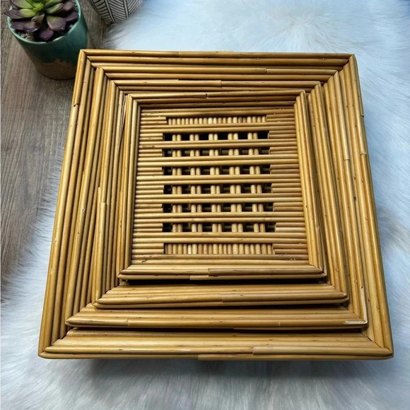 1970s Square Bamboo Stacking Baskets - Picture 2 of 15